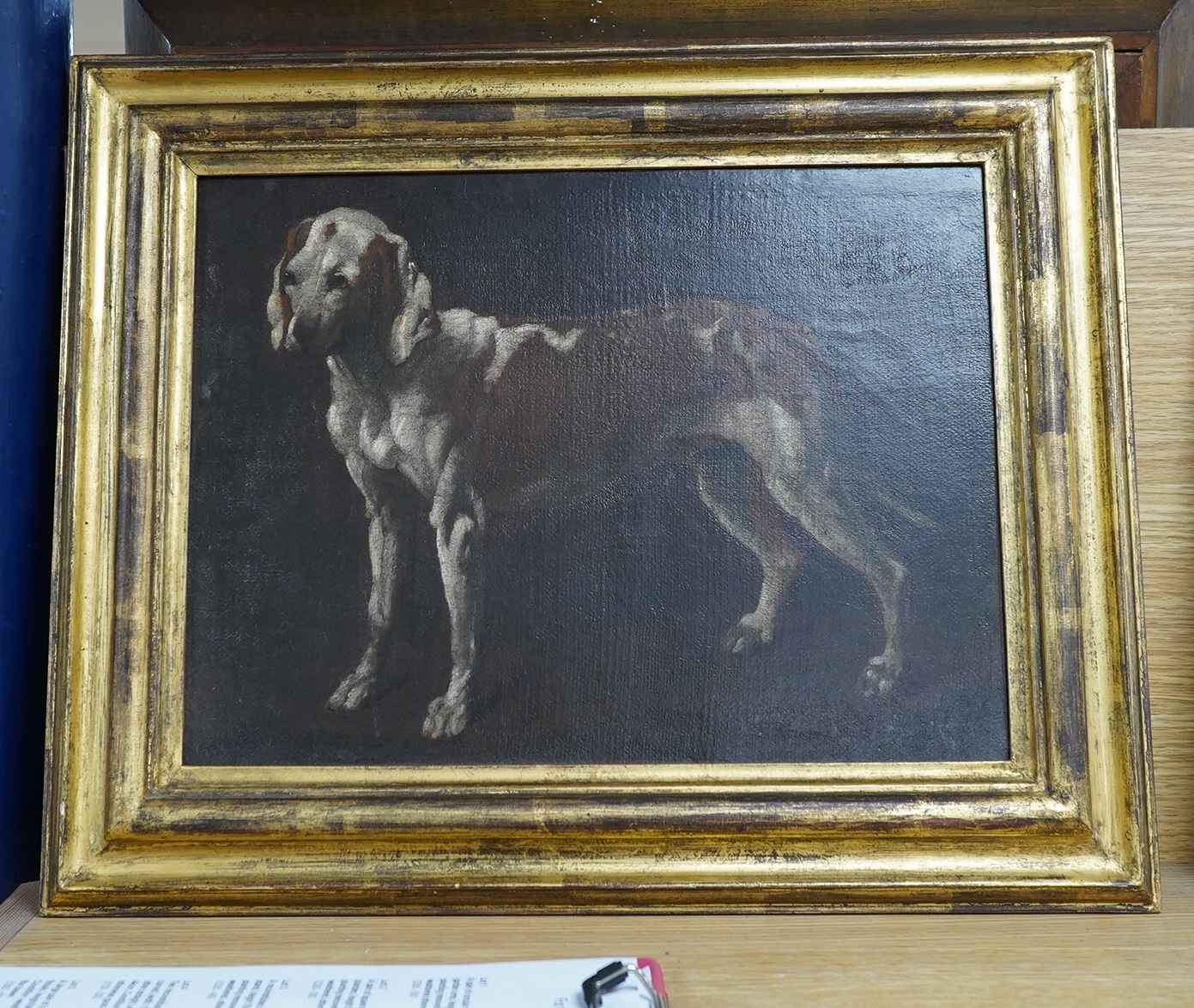 In the manner of George Stubbs ARA (1724-1806), oil on canvas, Study of a hound, unsigned, 26 x 35cm. Condition - fair to good